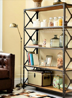 LOFT美式 落地置物架 实木书架 复古仿锈书架 收纳架 厨房隔板架