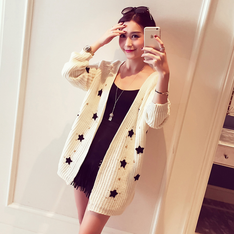 Small silver 2015 Hitz women's modern fashion star rivets long knitted cardigan jacket M9202