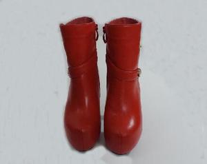 欧美冬季中筒女靴真皮红色婚鞋厚底防水台新娘鞋超高跟细跟短靴女