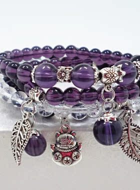 s407天然紫水晶黑玛瑙树叶猫咪