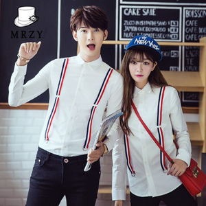 22春装新款套背带情侣衬衫修身舒适长袖衬衣男女式休闲打底衫白色