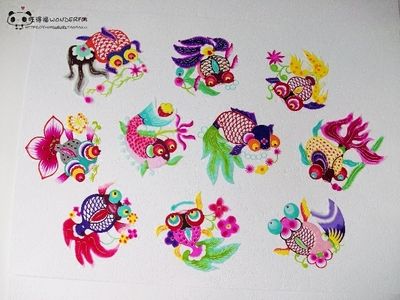 彩色大金鱼 10张一套 蔚县剪纸 手工刻 宣纸染色 出国礼品