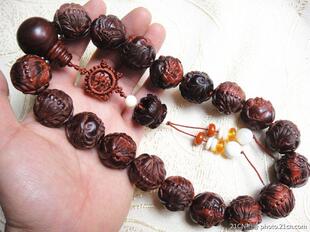 马狮麟紫檀貔貅佛珠小叶紫檀佛珠24mm 雕貔貅配莲花19粒持珠H28号