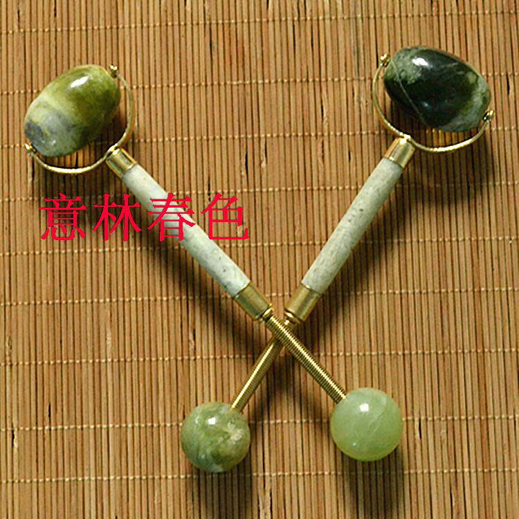 岫玉双头按摩器面部美容器玉石家用滚轮按摩锤棒两用