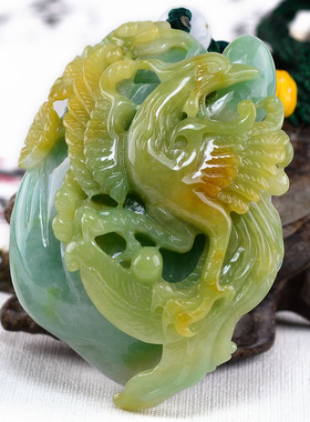 宏荔珠宝翡翠挂件 高档A货玉把件精雕黄翡阳绿凤凰玉石手玩件1830