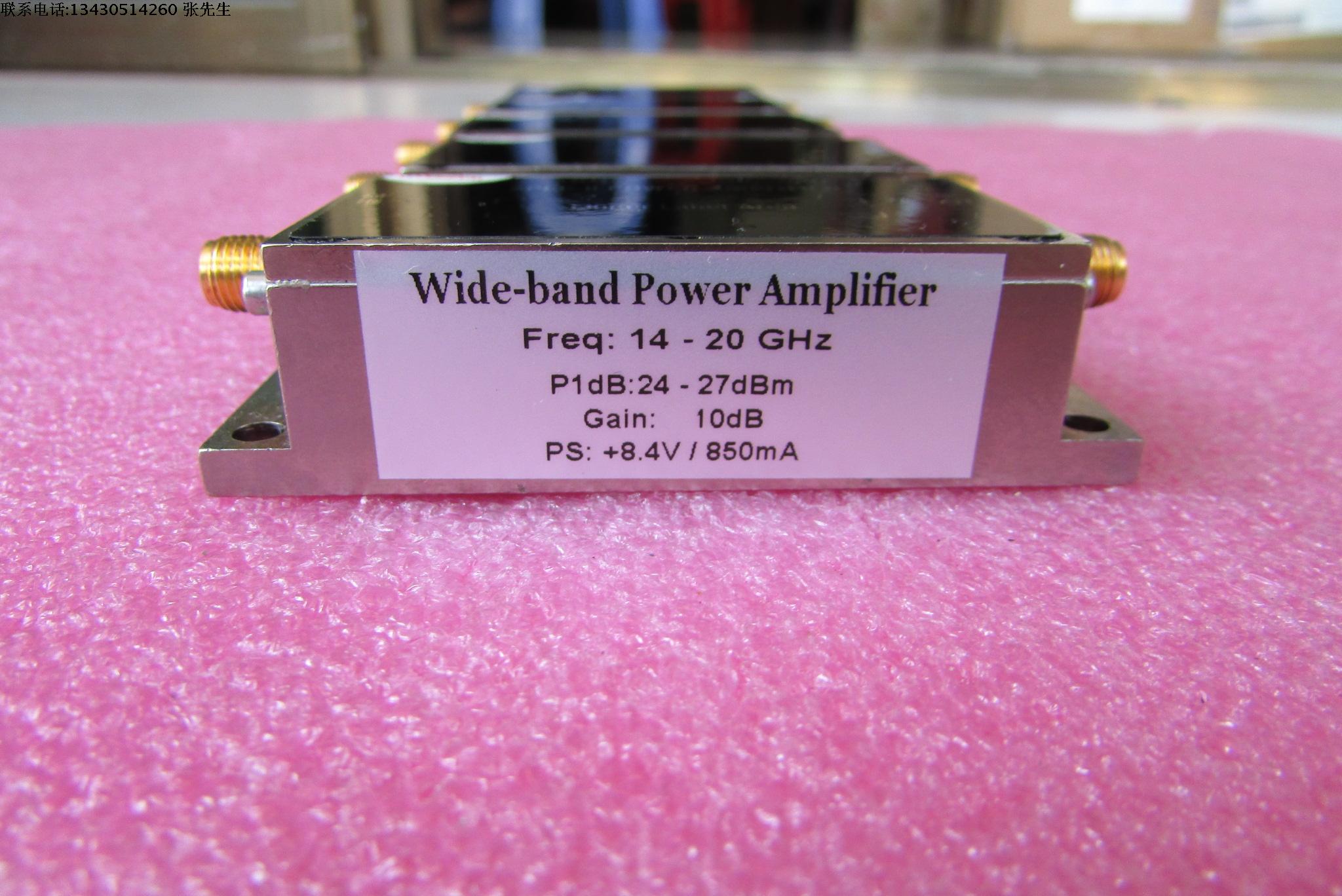 美国进口 14-20GHz 24-27dBm SMA 射频微波中功率放大器 质量包好，包能用 可提供详细测试图 工作频率：14-20GHz 增益: Typ 10dB  输出功率: 24-27dBm 工作电压：+8.4V  / 电流大约：850mA 左右 功能，1：检波输出; 2：输出内置