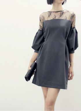 浪漫性感蕾丝拼接灯笼泡泡袖修身遮肚腩连衣裙可定制大小尺码