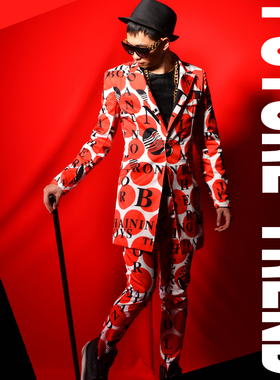 [独家]夜店男歌手DSDJ红色大波点字母西装 大牌酒吧演出服配饰