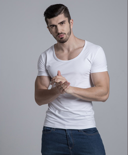 新款夏季男款大圆领短袖T恤紧身低领小衫白色修身半袖体恤打底衫