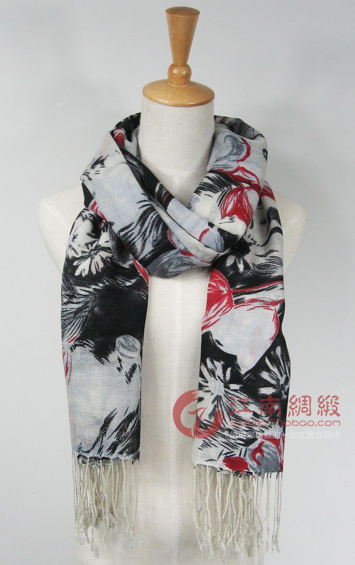 【零条清仓】羊毛围巾 印花流苏超长两用披肩 花海 J88601