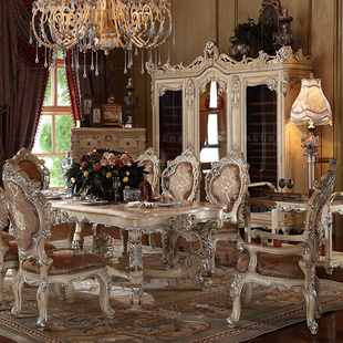 白色实木雕花餐桌 大理石长餐桌 美式 欧式 法式 描银大理石餐桌