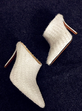 女鞋尖头10厘米超高跟白色刀割皮欧美潮鞋2021春秋后空包头拖舒适