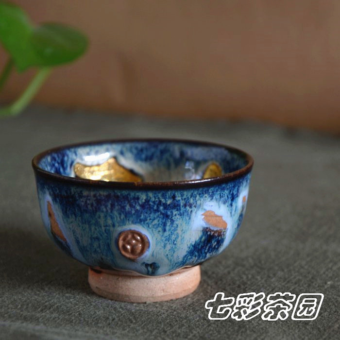 韩国陶瓷 黄牛窑 全手工窑变鎏金杯05  辛旺建作品
