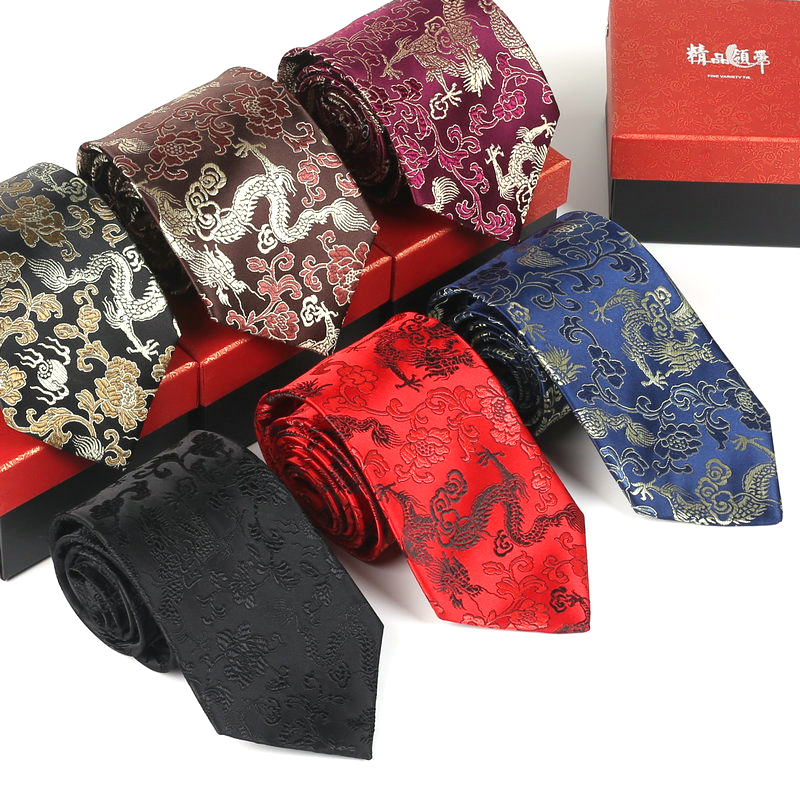 男士正装9cm华丽民族风中国风红色龙纹提花伴郎新郎结婚宽版领带