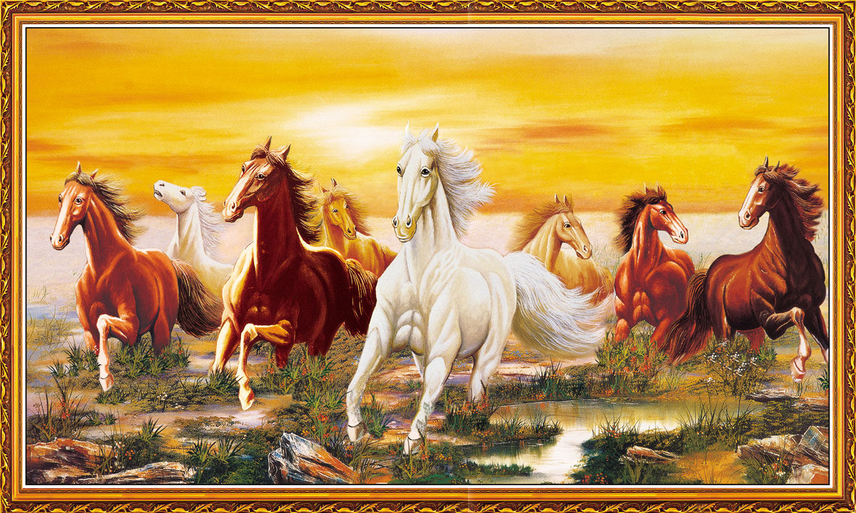 756海报印制展板写真喷绘643八骏图山水画马到成功墙挂装饰画