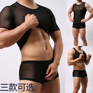 柔软丝滑男士网纱短袖T恤背心弹力紧身透视打底内衣性感家居睡衣