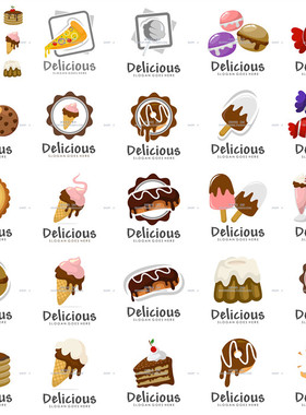 A3530矢量扁平化食物图标logo糖果雪糕饼干蛋糕披萨 AI设计素材