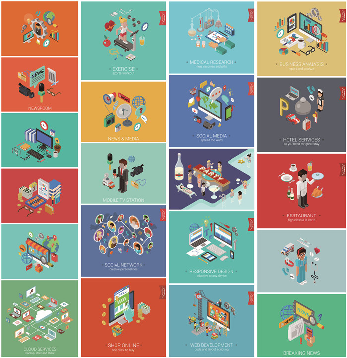 [518]25张扁平化isometric信息图标商务新闻购物 AI矢量设计素材