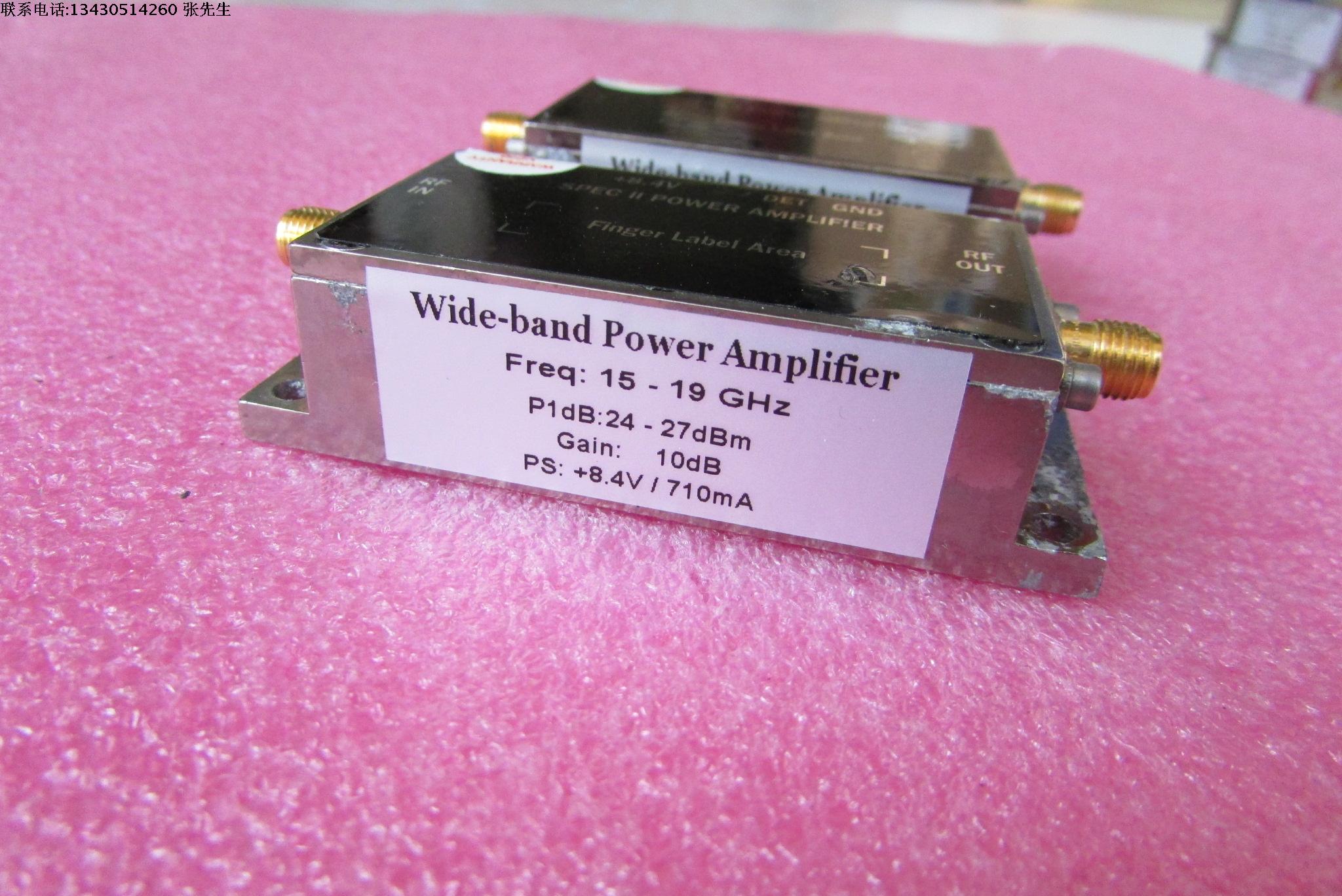 美国进口 15-19GHz 24-27dBm SMA 射频微波中功率放大器 质量包好，包能用 可提供详细测试图 工作频率：15-19GHz 增益: Typ 10dB  输出功率: 24-27dBm 工作电压：+8.4V  / 电流大约：710mA 左右 功能，1：检波输出; 2：输出内置