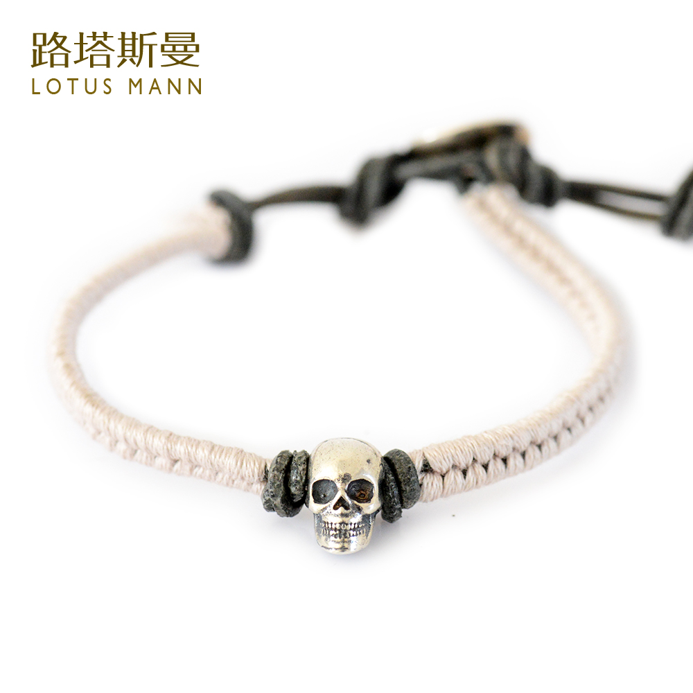 路塔斯曼 lotus Mann 黑色皮绳纯银骷髅头米白色编织单圈手链