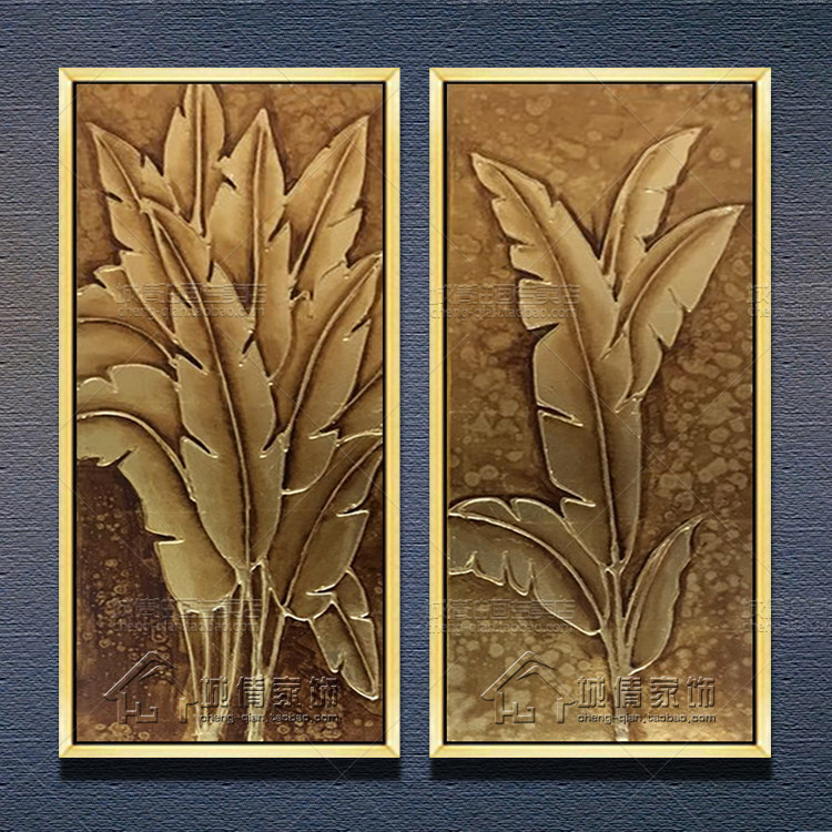 手绘有框画 东南亚风格泰式金箔画客厅餐厅装饰画金色芭蕉叶玄关