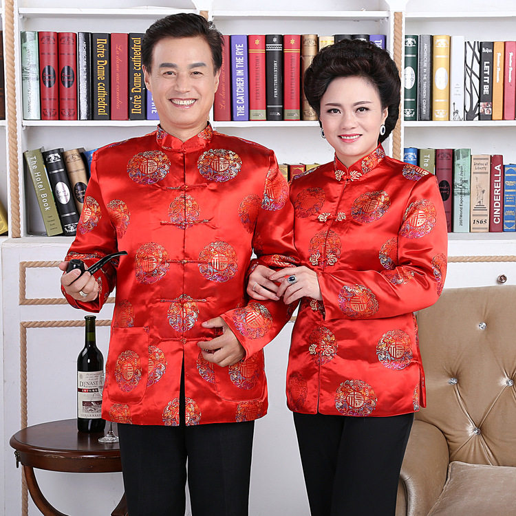 冬季男女情侣唐装长袖外套老年过寿中式红色老人加厚棉服棉袄棉衣