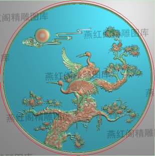 松鹤延年圆面板精雕图灰度浮雕精品花鸟圆台中板祥云松鹤523x523