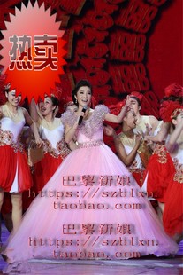 2025新粉红色V领抓褶闪钻超大蓬蓬裙歌唱比赛音乐会民族演出礼服