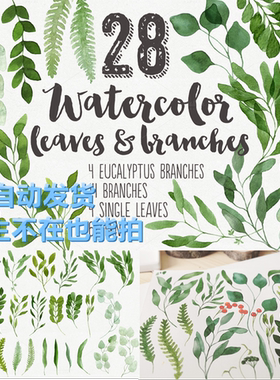 高清水彩花植绿色叶子渐变图案标 PNG免扣平面贺卡背景设计素材