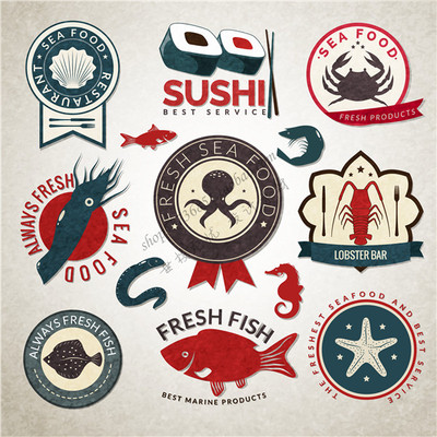 A1278矢量扁平化海鲜龙虾章鱼寿司海鱼螃蟹LOGO图案 AI设计素材