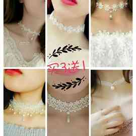 白色蕾丝颈带项圈女脖子，饰品礼服气质珍珠锁骨，链项链配饰装饰年会
