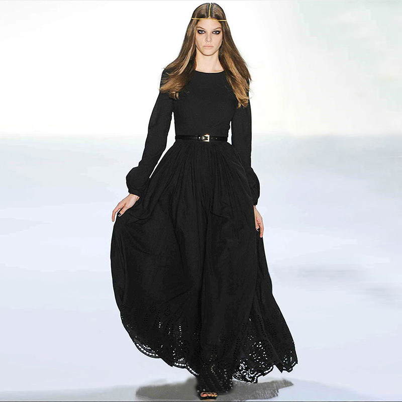 欧洲站2018黑色长裙高腰礼服修身显瘦薄款大码欧美长袖雪纺连衣裙