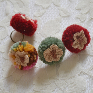 日系森女系小清新 可爱毛球球钩花戒指女自然风指环 原创手工布艺