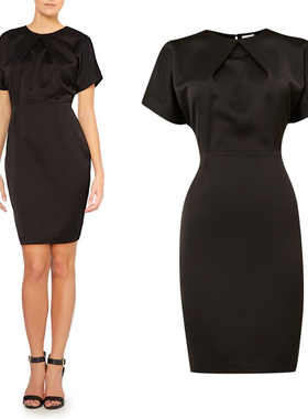 新品出口欧美风厚色丁短袖高腰前黑色铅笔一步包臀连衣裙有加大码