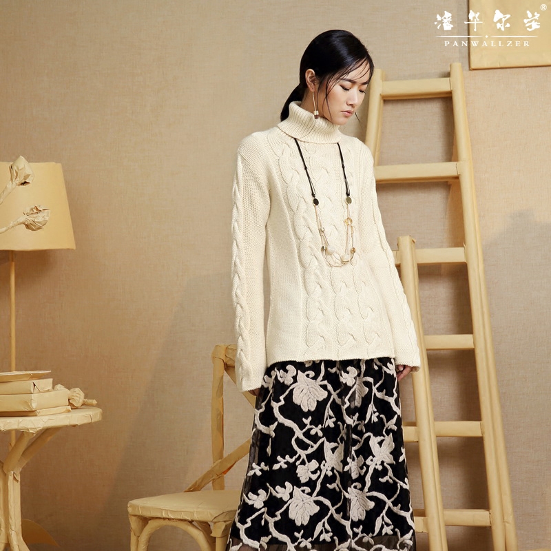 潘华尔姿纯手工编织毛衣女收腰高领棒针编织纯羊毛麻花毛衫高定新