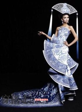 青花瓷造型礼服 cosplay舞台表演出比赛服装古风晚礼服大拖尾花瓶