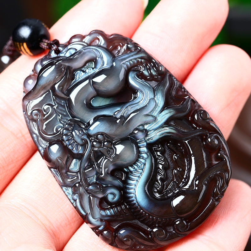 天然鬼眼蓝眼冰彩黑曜石飞龙旋运玄龙添寿银龙贵相龙牌吊坠项链