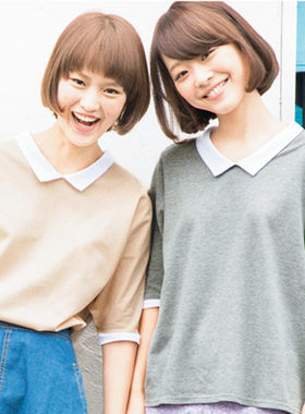 减龄女t夏秋季纯棉翻领撞色彼得潘polo衫娃娃领学院风宽松T恤大码