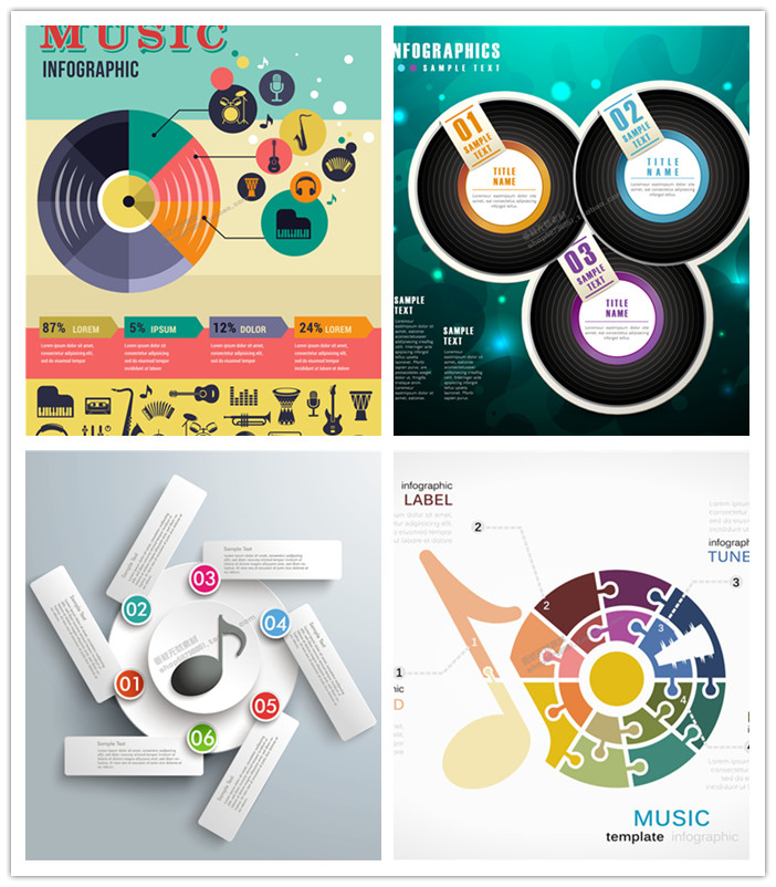A0491矢量扁平化音乐信息图饼图表格唱片风格 AI设计素材