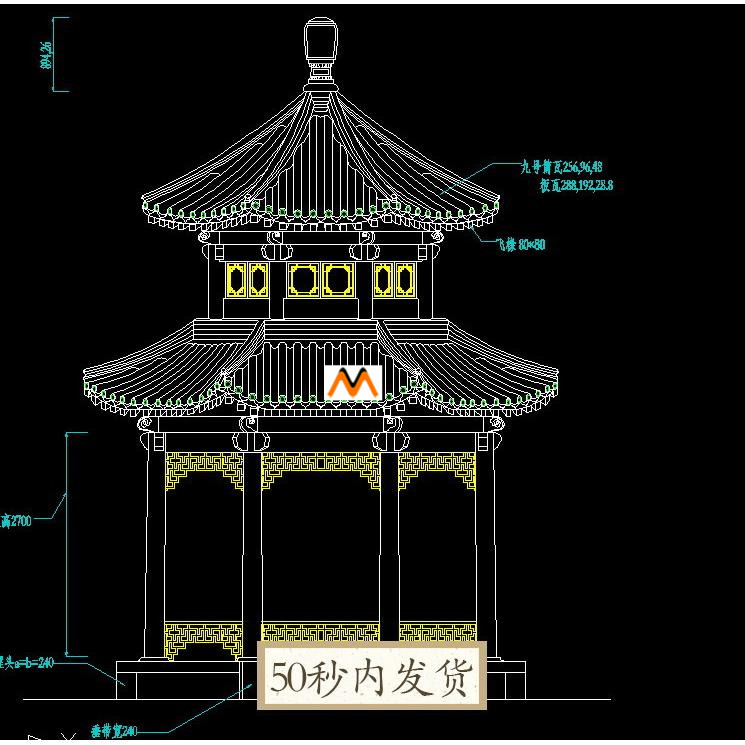 W221单围重檐八角亭聚义亭CAD图纸木结架重檐八角亭平立剖面图CAD