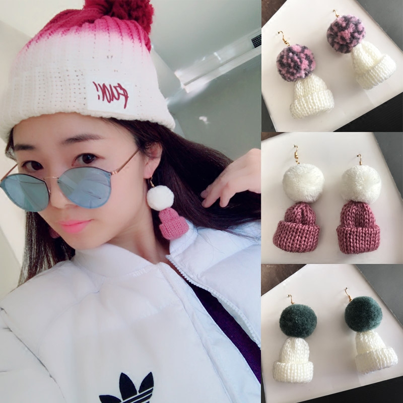 小帽子长款毛球韩国甜美风耳坠