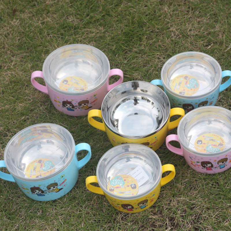 包邮宝宝防摔碗卡通不锈钢盘碗 婴儿隔热碗 双耳烫碗粥碗带盖碗勺