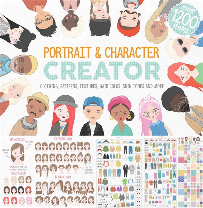 [570]AI矢量设计素材 卡通人物创建素材包身体部位衣服配饰发型