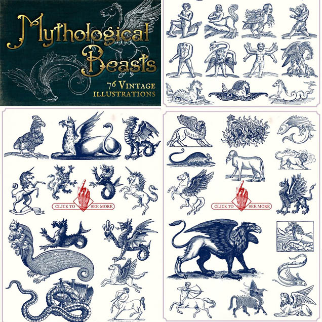 A0072矢量76个复古欧洲西方神话传物生物线稿AI设计素材含高清PNG