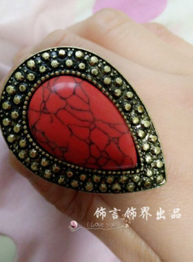 欧美风水滴红宝石拍照道具大戒指