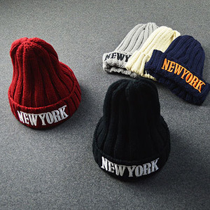 韩版百搭刺绣newyork字母黑色尖尖毛线帽针织帽子男女潮秋冬天