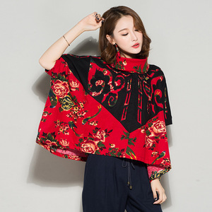 2022春新款棉麻衫印花大码女装上衣斗篷外套民族风文艺蝙蝠衫罩衫
