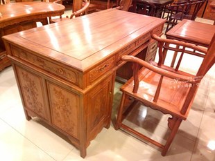 刺猬紫檀书桌电脑桌子椅子 仿古实木红木家具 东阳木雕花梨木 中式