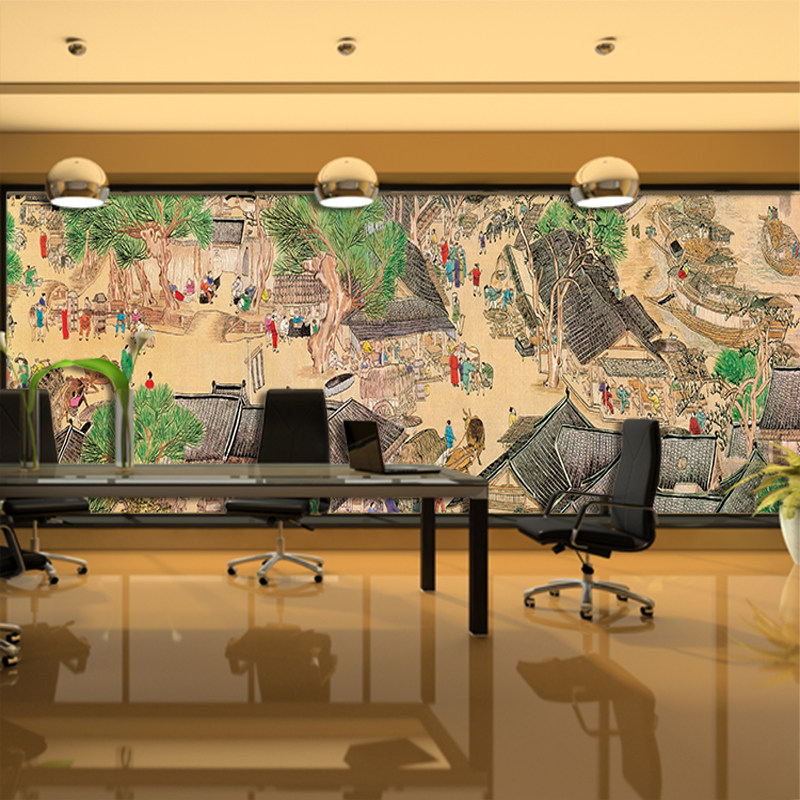 中式电视沙发卧室背景墙国画壁纸古代集市图市场活生定制民宅壁画,家装主材,定制壁画,淘宝优惠券,粉丝福利购,淘宝优惠卷