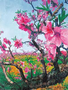 纯手绘油画高档装饰画 临摹周春芽桃花名画客厅餐厅壁画 花开花落